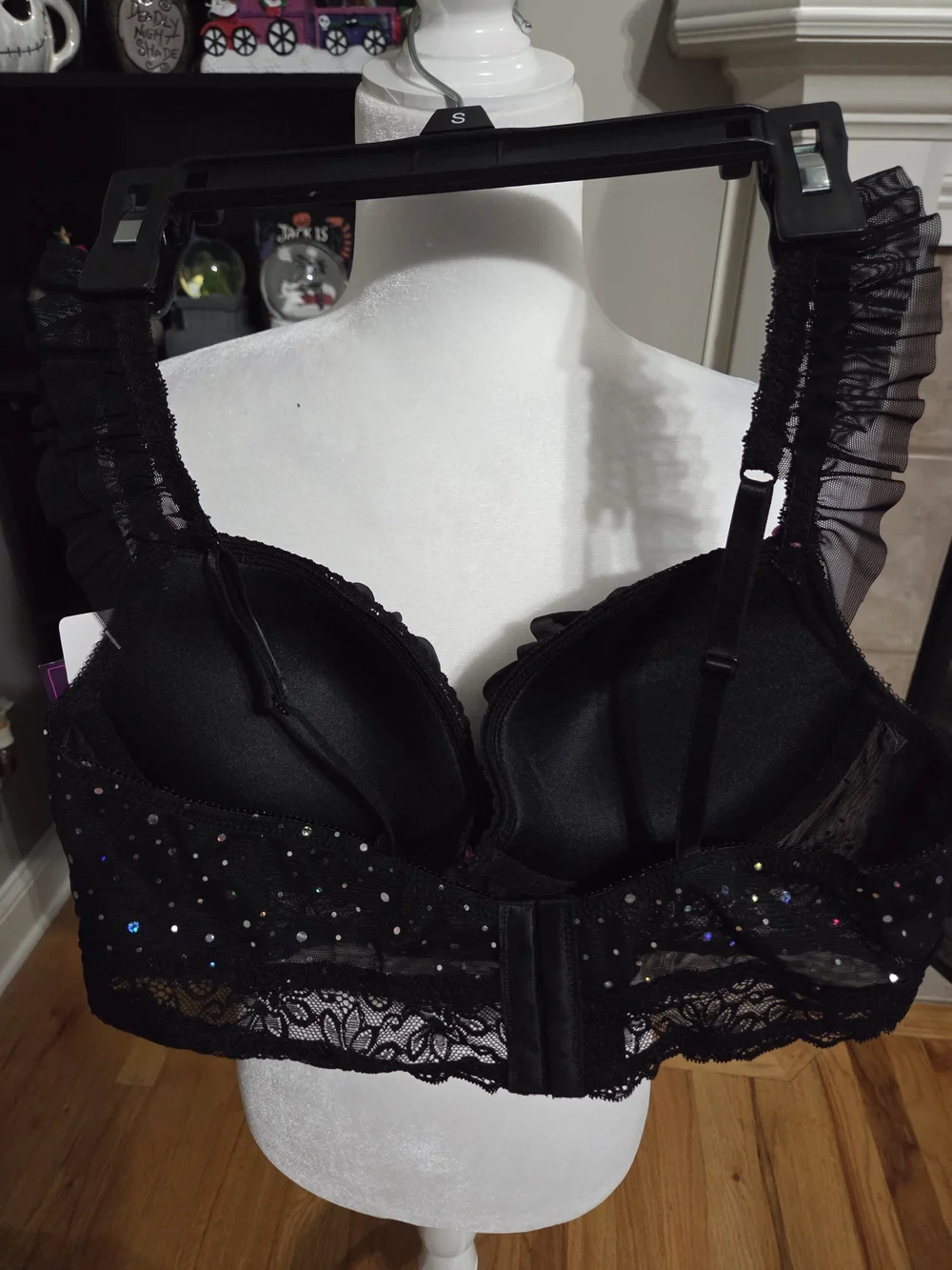 Ruffled Polka Dot Padded Bra with Pink Bow Accents - Black